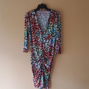 Colorful low cut midi dress.